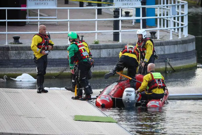 We've sadly located a body in the water at Salford Quays after a report was made to us of a person getting into difficulty in the water